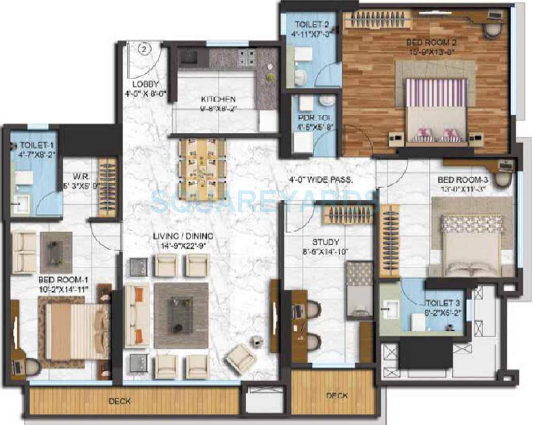 Floor plan of 3 BHK 1357 Sq. Ft. Apartment in Adani Group Western Heights, Mumbai