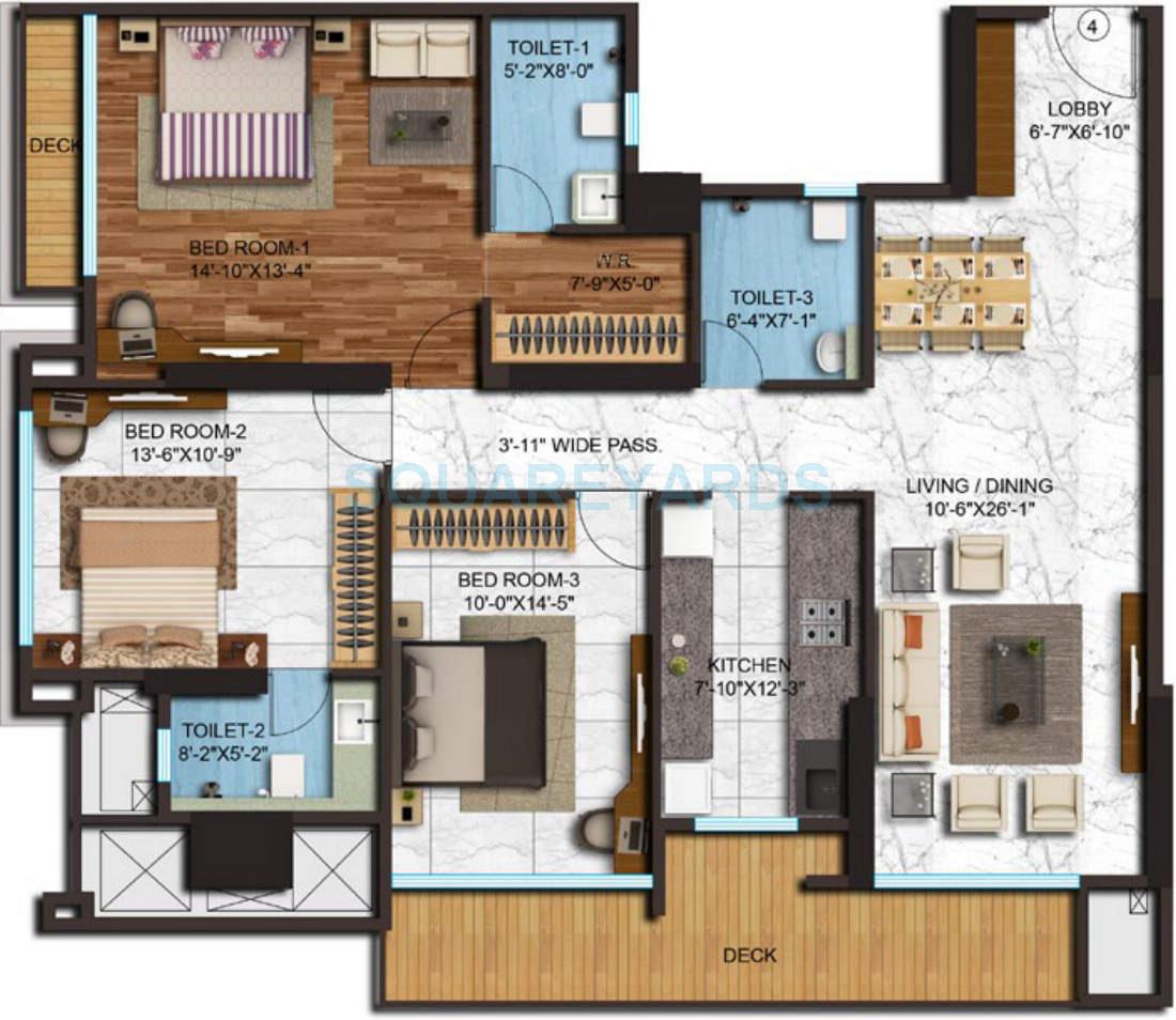 Floor plan of 3 BHK 1124 Sq. Ft. Apartment in Adani Group Western Heights, Mumbai