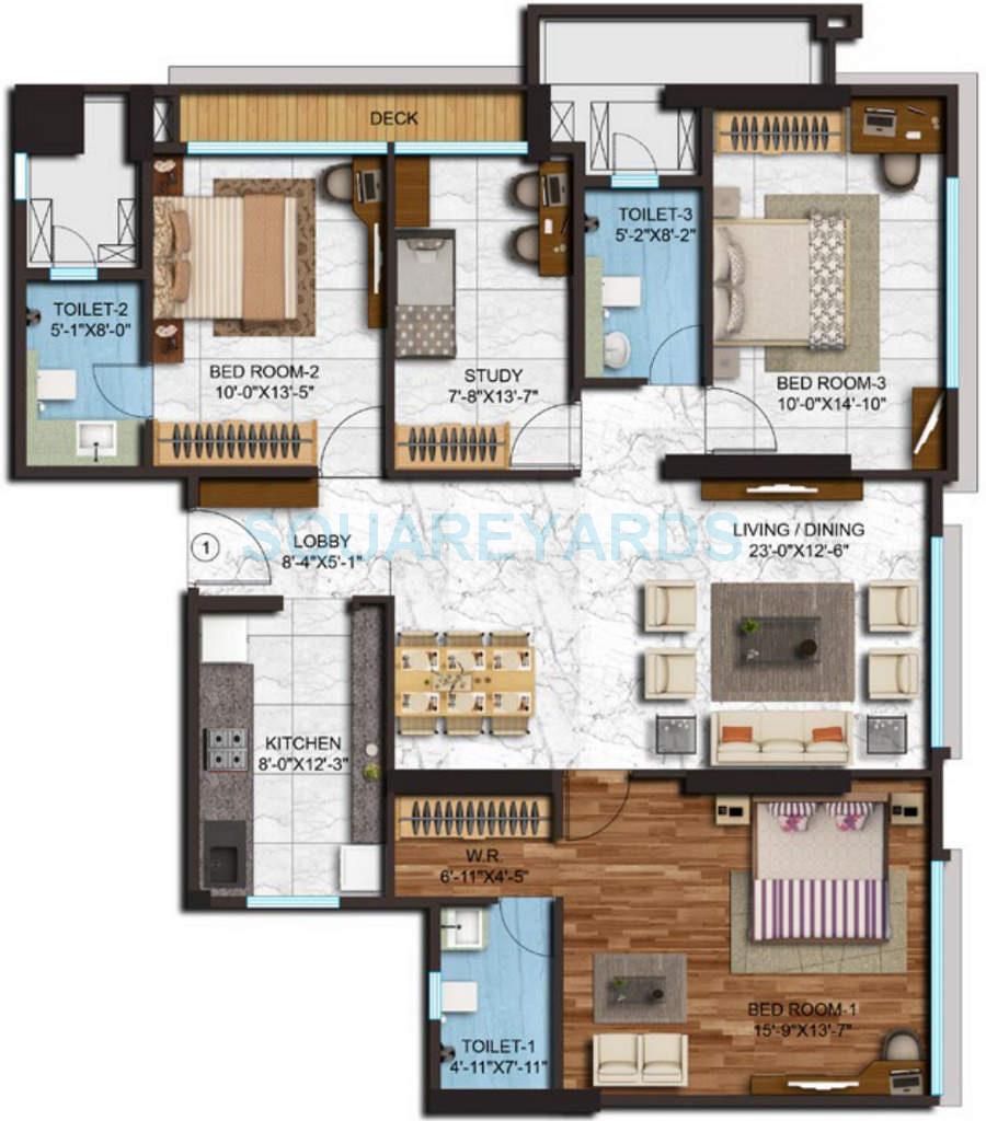 Floor plan of 3 BHK 1478 Sq. Ft. Apartment in Adani Group Western Heights, Mumbai