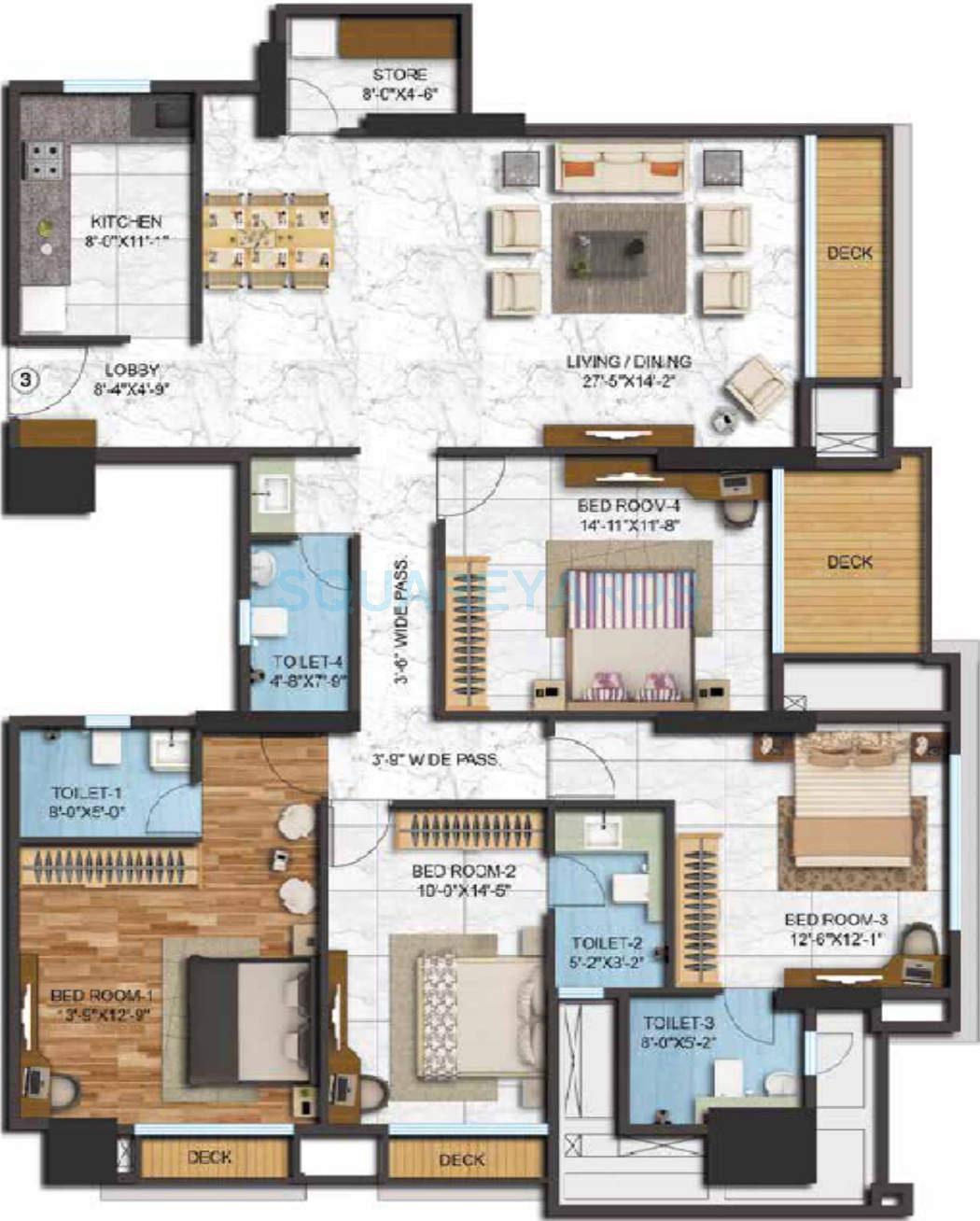 Floor plan of 4 BHK 1454 Sq. Ft. Apartment in Adani Group Western Heights, Mumbai