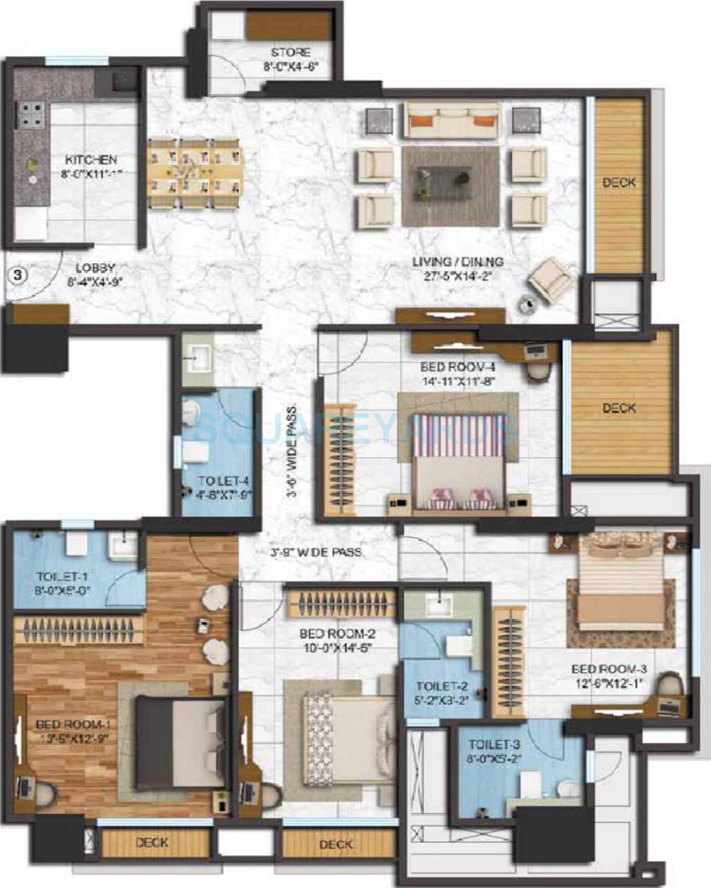 Floor plan of 4 BHK 1681 Sq. Ft. Apartment in Adani Group Western Heights, Mumbai