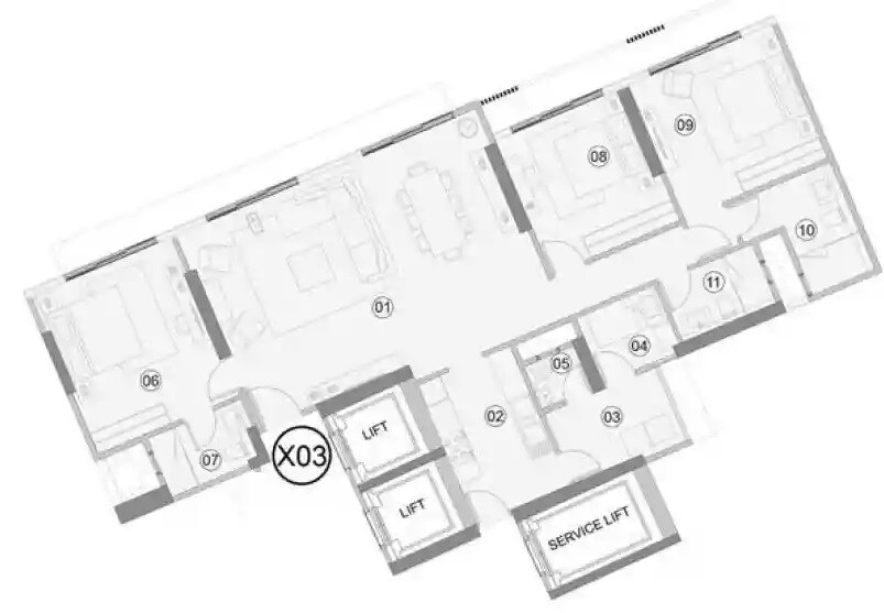 Floor plan of 3 BHK 985 Sq. Ft. Apartment in Adani Ten BKC, Mumbai