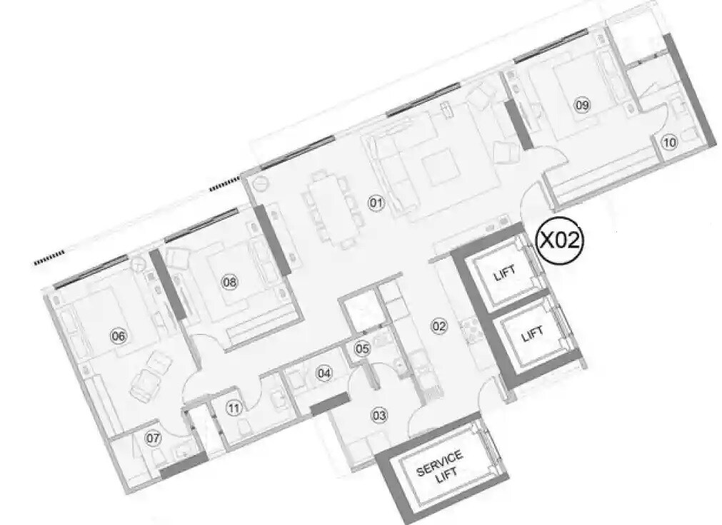 Floor plan of 3 BHK 1113 Sq. Ft. Apartment in Adani Ten BKC, Mumbai