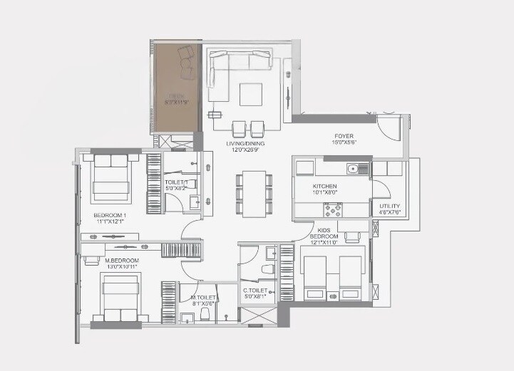 Floor plan of 3 BHK 1389 Sq. Ft. Apartment in Adani Ten BKC, Mumbai