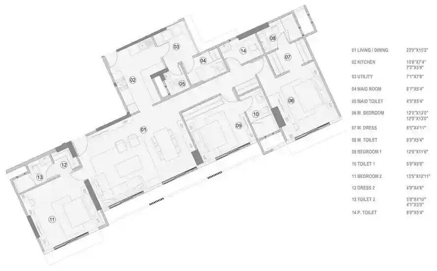 Floor plan of 3 BHK 1442 Sq. Ft. Apartment in Adani Ten BKC, Mumbai