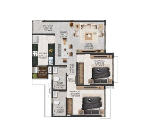 2 BHK 634 Sq. Ft. Apartment