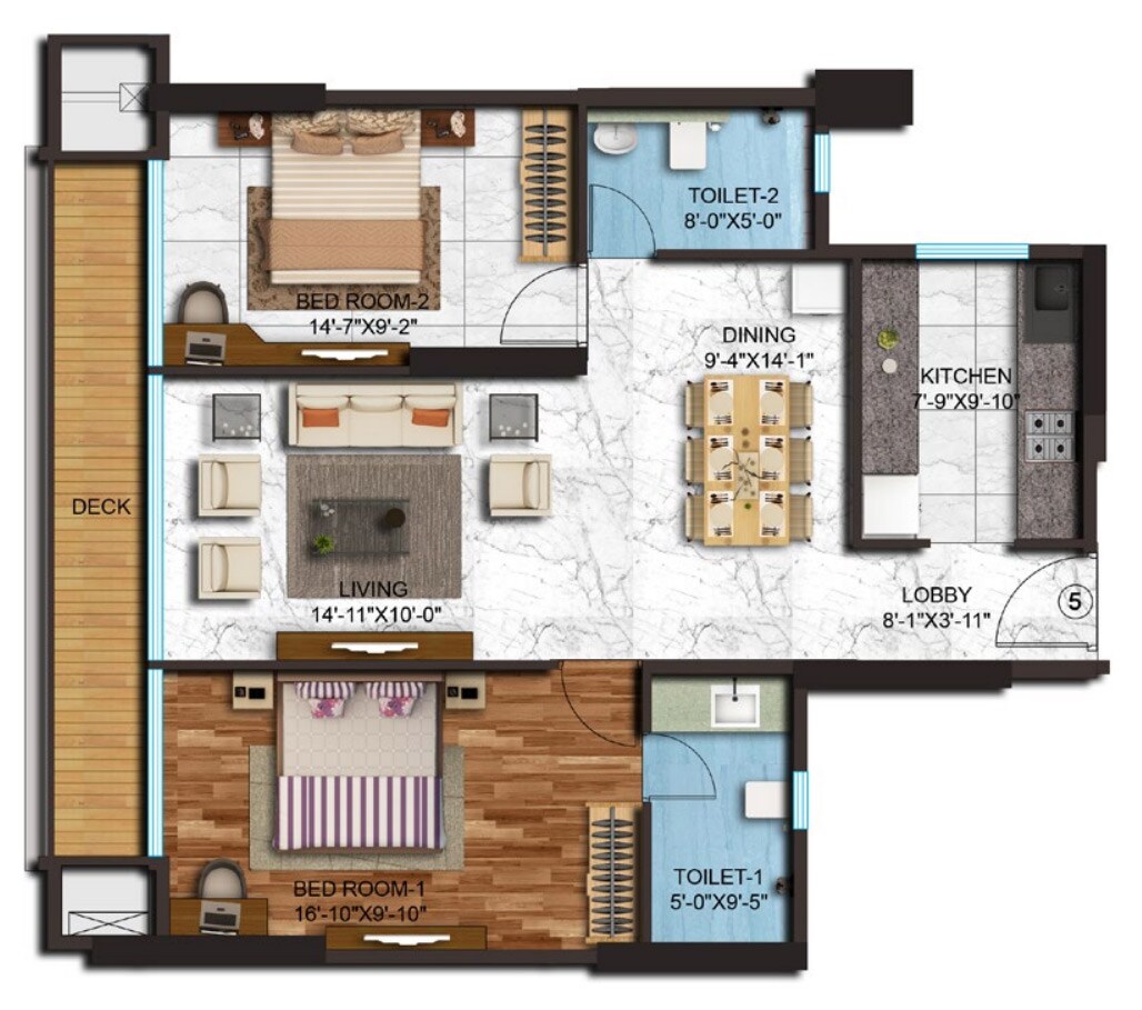 Floor plan of 2 BHK 1361 Sq. Ft. Apartment in Adani Western Heights Sky Apartments, Mumbai