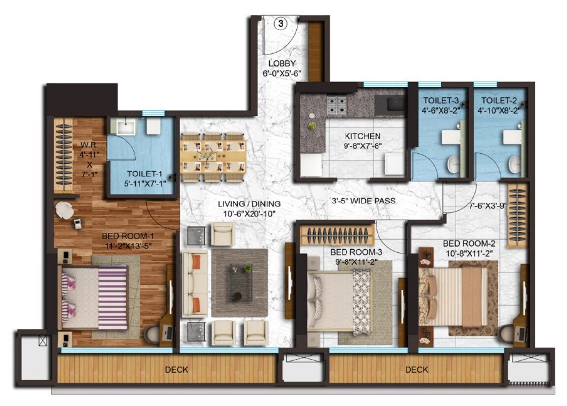 Floor plan of 3 BHK 1696 Sq. Ft. Apartment in Adani Western Heights Sky Apartments, Mumbai
