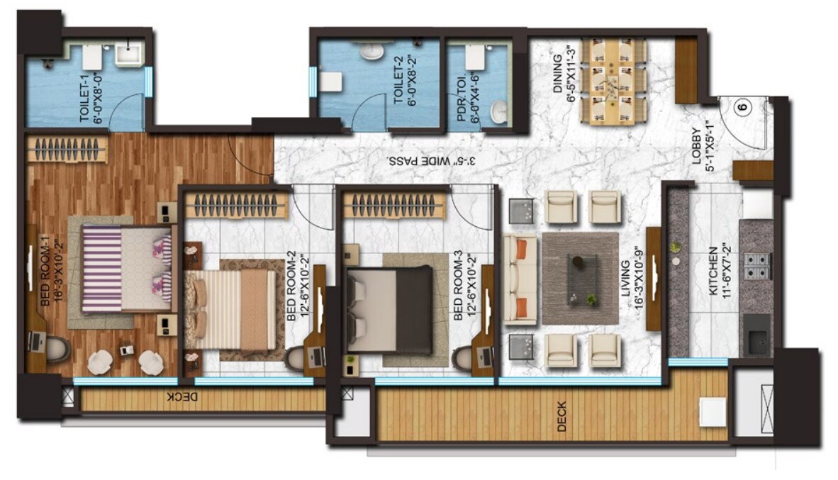 Floor plan of 3 BHK 1775 Sq. Ft. Apartment in Adani Western Heights Sky Apartments, Mumbai