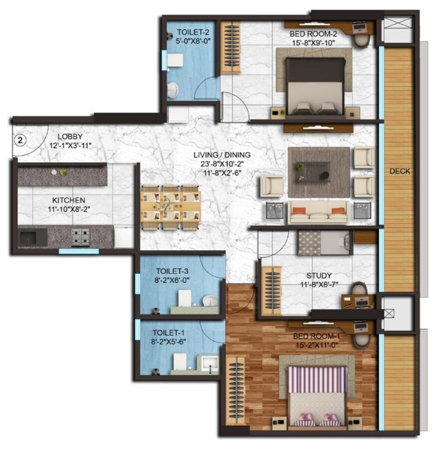 Floor plan of 2 BHK 1778 Sq. Ft. Apartment in Adani Western Heights Sky Apartments, Mumbai