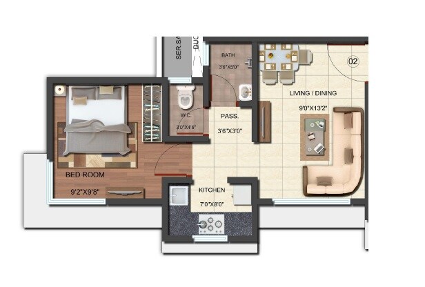 Floor plan of 1 BHK 323 Sq. Ft. Apartment in Adcon Iris, Mumbai