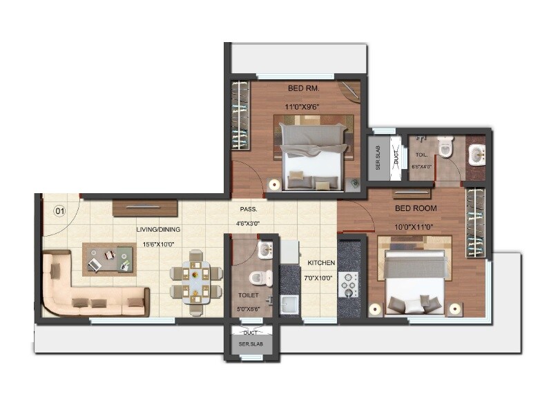 Floor plan of 2 BHK 526 Sq. Ft. Apartment in Adcon Iris, Mumbai