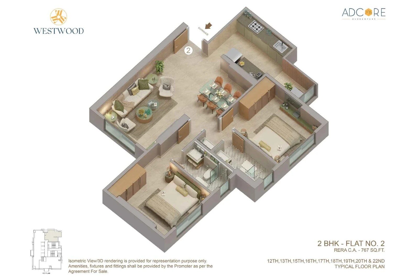 Floor plan of 2 BHK 767 Sq. Ft. Apartment in Adcore Westwood, Mumbai