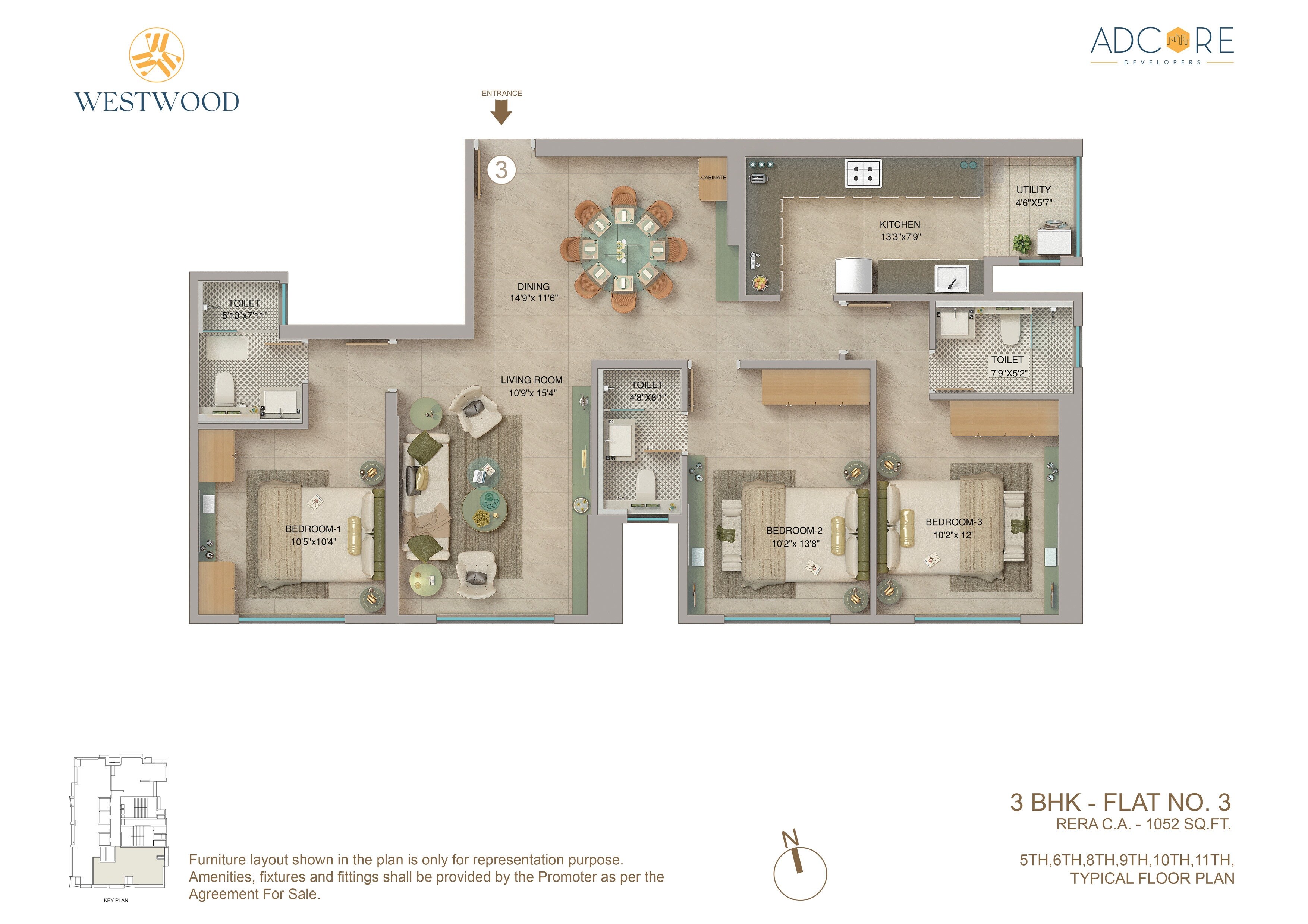 3 BHK 1052 Sq. Ft. Apartment