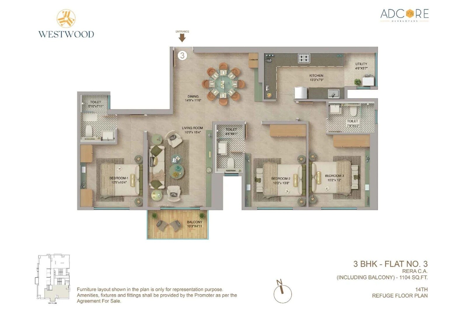 Floor plan of 3 BHK 1103 Sq. Ft. Apartment in Adcore Westwood, Mumbai