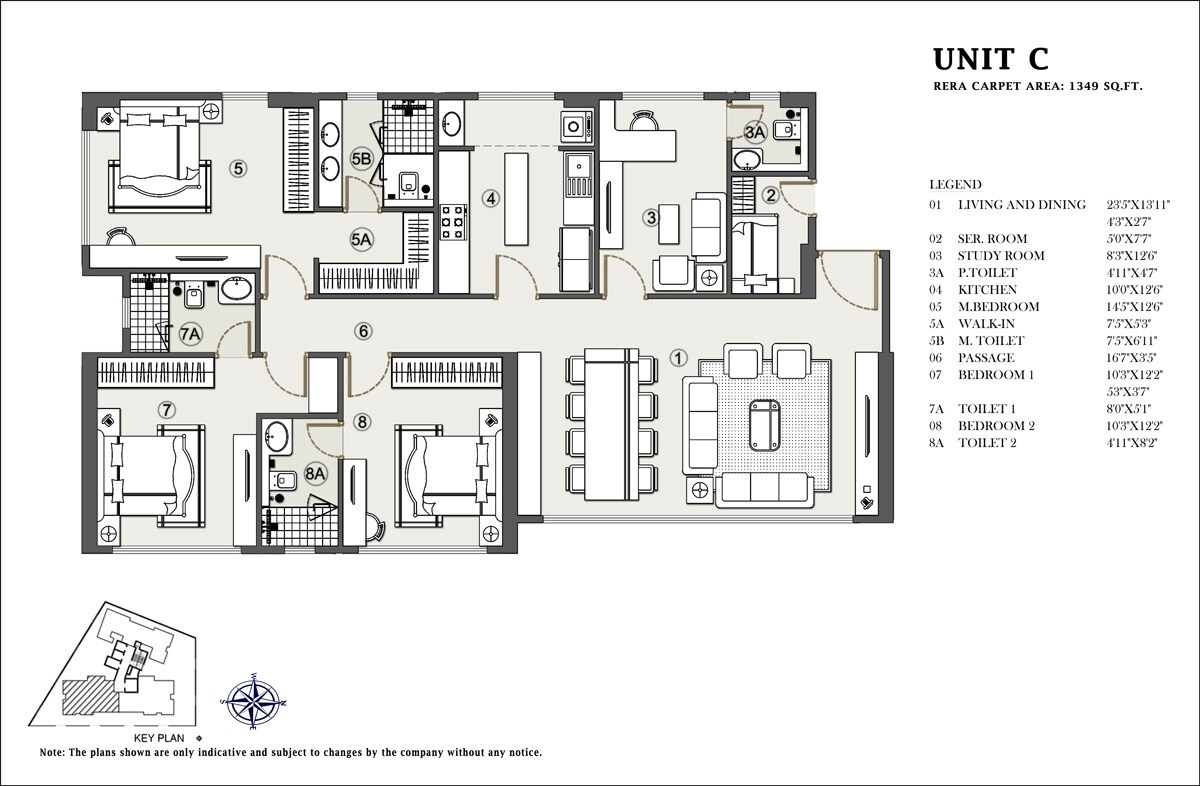 Floor plan of 3 BHK 1349 Sq. Ft. Apartment in Aden Court, Mumbai