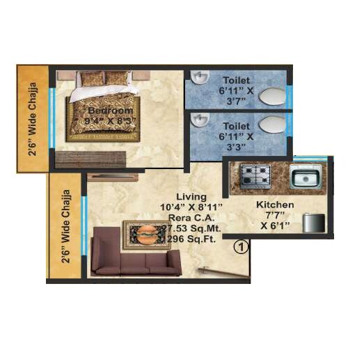 Floor plan of 1 BHK 296 Sq. Ft. Apartment in Adhikari Maharashtra Mandir, Mumbai