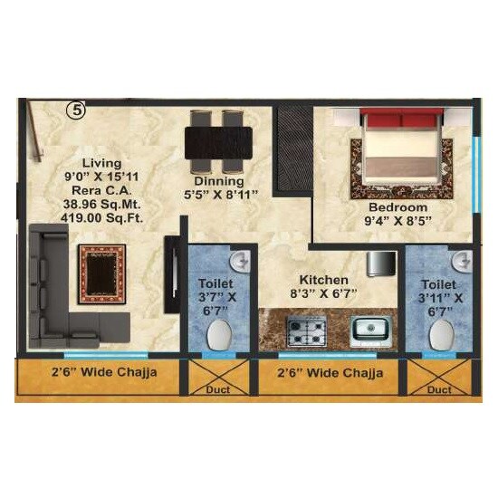 Floor plan of 1 BHK 419 Sq. Ft. Apartment in Adhikari Maharashtra Mandir, Mumbai