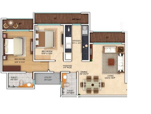 Floor plan of 2 BHK 889 Sq. Ft. Apartment in Adinath Neelkanth Enclave, Mumbai