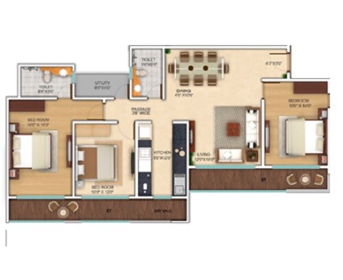 Floor plan of 3 BHK 1127 Sq. Ft. Apartment in Adinath Neelkanth Enclave, Mumbai