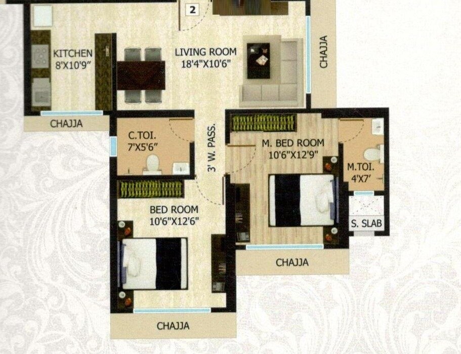 Floor plan of 2 BHK 640 Sq. Ft. Apartment in Adinath Sanvi Heights, Mumbai