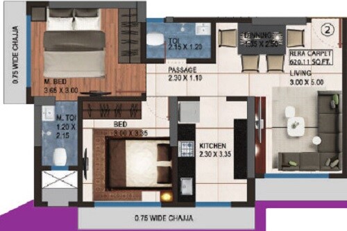 Floor plan of 2 BHK 620 Sq. Ft. Apartment in Adinathay Aurigae Residency D Wing, Mumbai