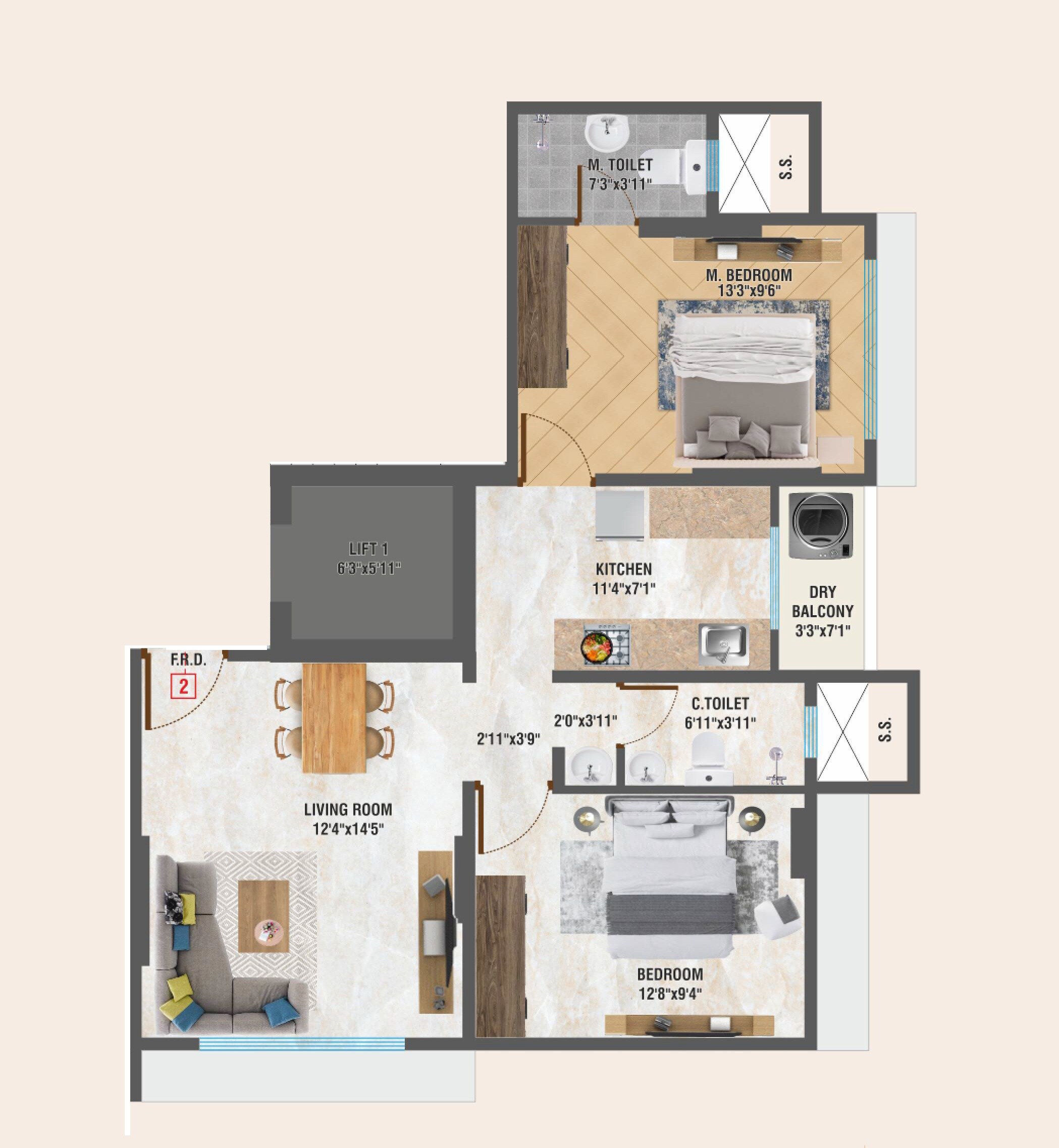 2 BHK 633 Sq. Ft. Apartment