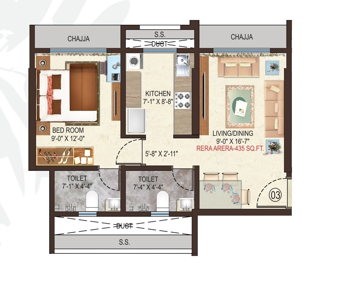 Floor plan of 1 BHK 435 Sq. Ft. Apartment in Aditi Shristi Residency, Mumbai