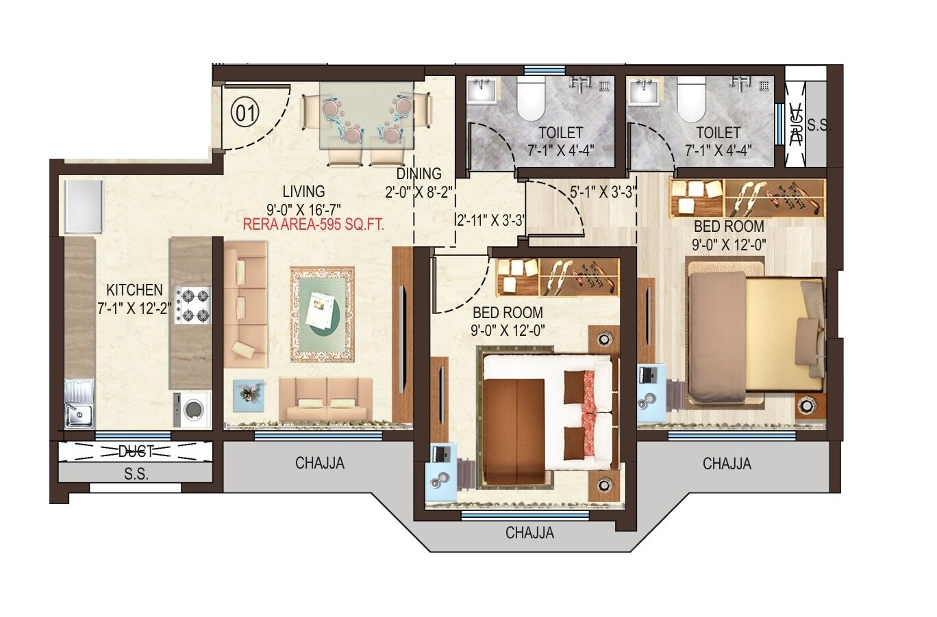 2 BHK 595 Sq. Ft. Apartment
