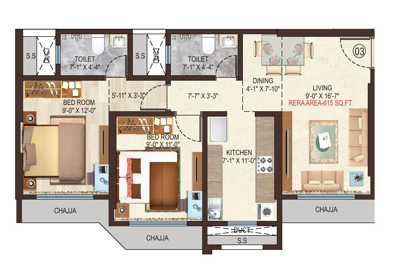 2 BHK 615 Sq. Ft. Apartment