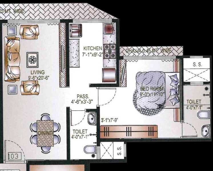 Floor plan of 1 BHK 490 Sq. Ft. Apartment in Aditya Mangaldeep CHS, Mumbai
