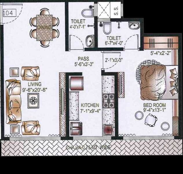Floor plan of 1 BHK 505 Sq. Ft. Apartment in Aditya Mangaldeep CHS, Mumbai