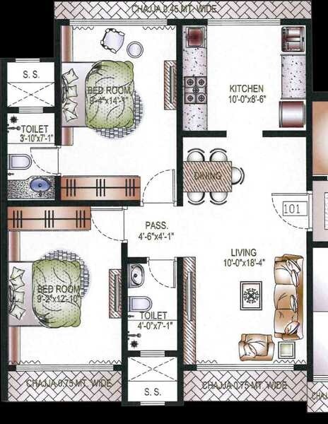 Floor plan of 2 BHK 560 Sq. Ft. Apartment in Aditya Mangaldeep CHS, Mumbai