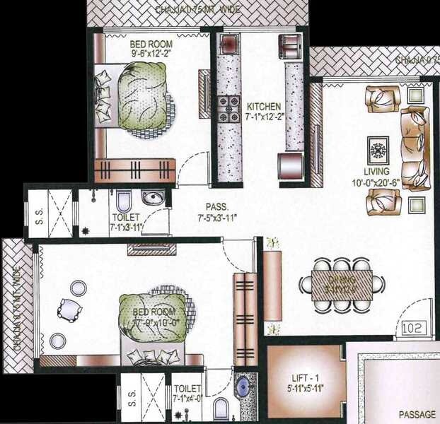 Floor plan of 2 BHK 753 Sq. Ft. Apartment in Aditya Mangaldeep CHS, Mumbai
