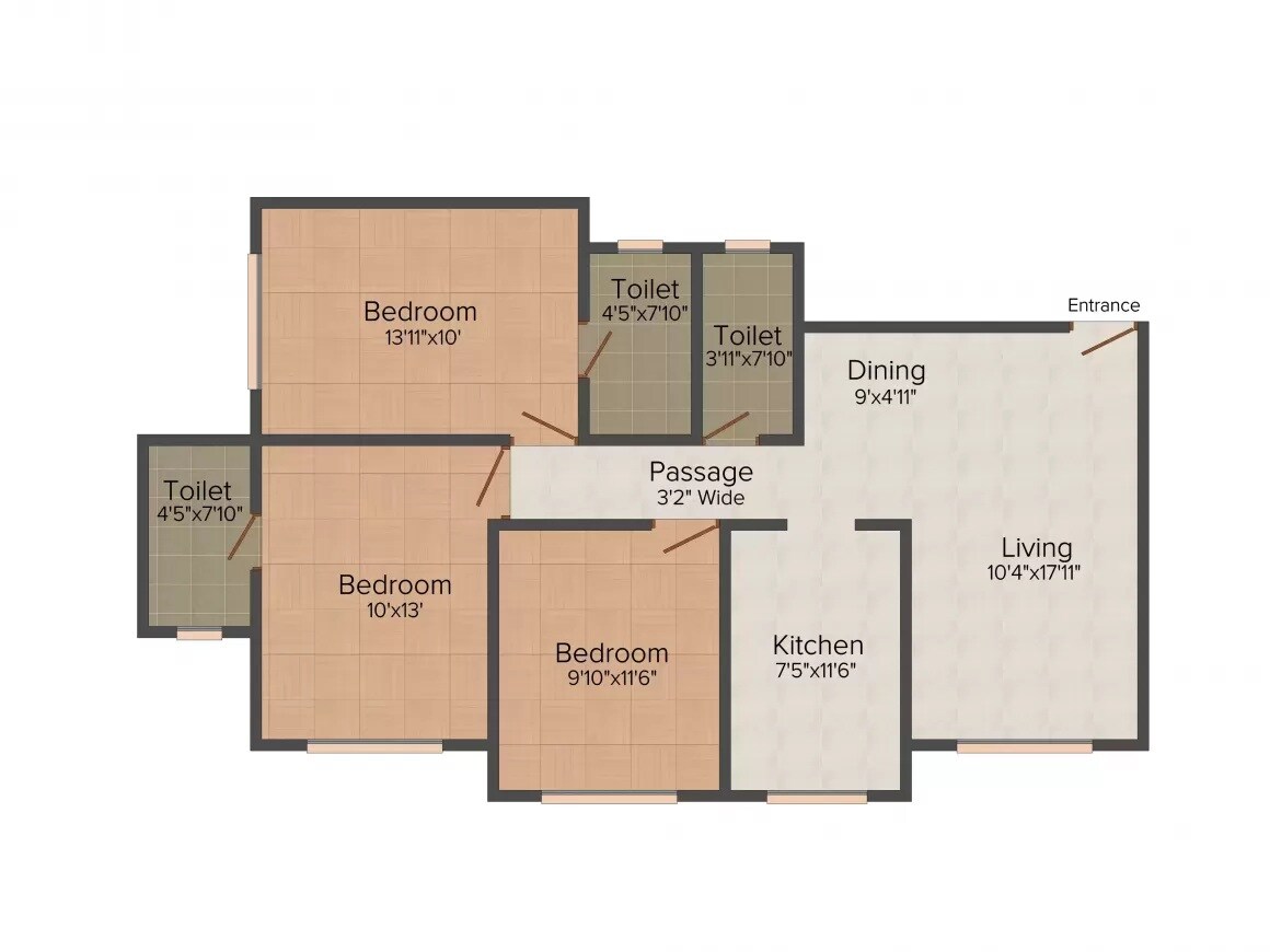 Floor plan of 3 BHK Apartment - 893 sq. ft. in Aditya Nirmal Anand CHS LTD, Mumbai