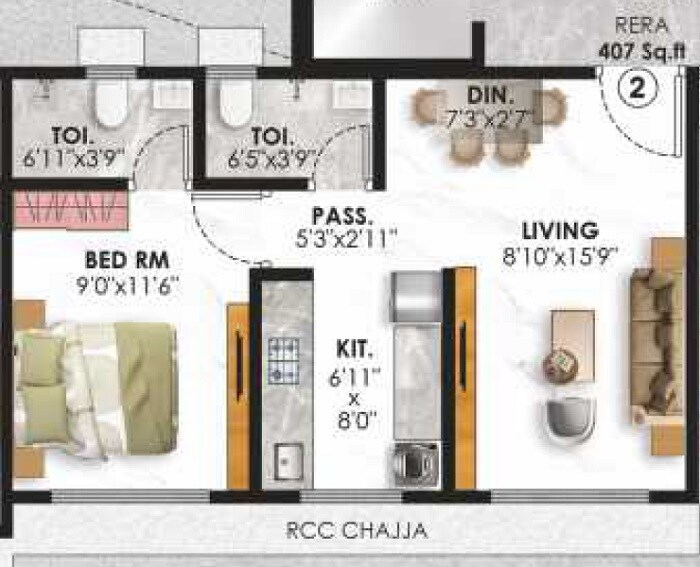 1 BHK 407 Sq. Ft. Apartment
