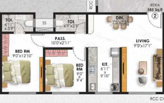 2 BHK 585 Sq. Ft. Apartment