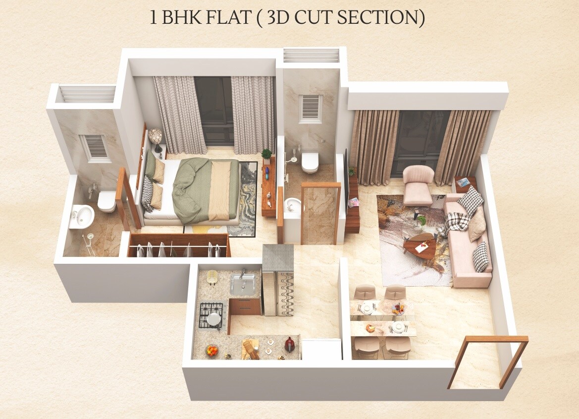 Floor plan of 1 BHK 385 Sq. Ft. Apartment in Adityaraj Avenue, Mumbai