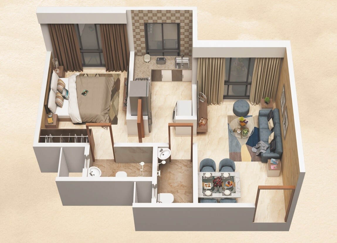 Floor plan of 1 BHK 395 Sq. Ft. Apartment in Adityaraj Avenue, Mumbai