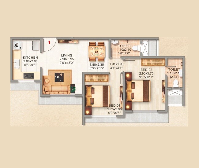 Floor plan of 2 BHK 529 Sq. Ft. Apartment in Adityaraj Avenue, Mumbai