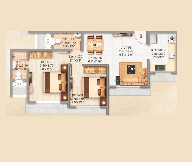 Floor plan of 2 BHK 596 Sq. Ft. Apartment in Adityaraj Avenue, Mumbai