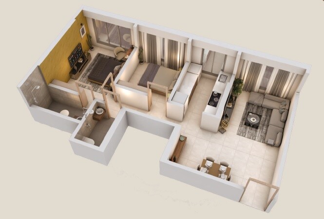 Floor plan of 2 BHK 577 Sq. Ft. Apartment in Adityaraj Gateway, Mumbai