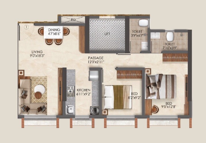 Floor plan of 2 BHK 676 Sq. Ft. Apartment in Adityaraj Gateway, Mumbai