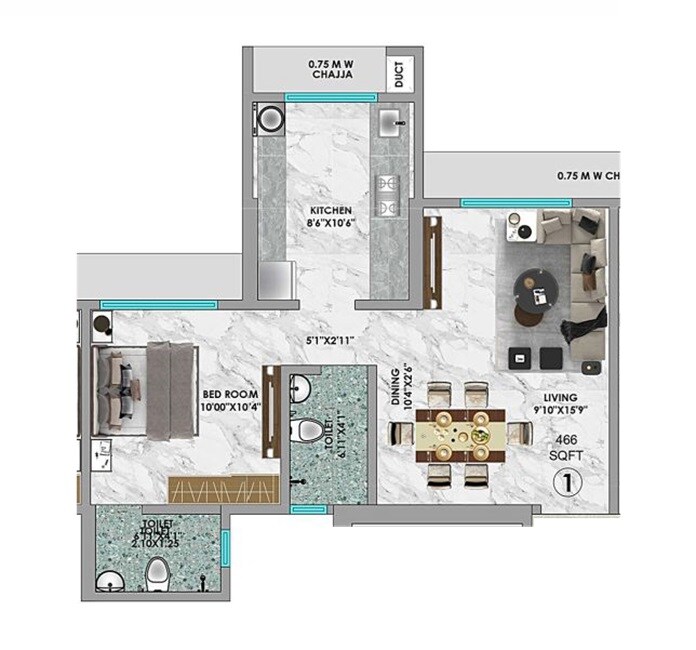 1 BHK 466 Sq. Ft. Apartment