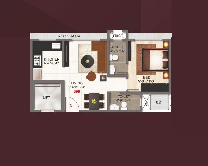 Floor plan of 1 BHK 391 Sq. Ft. Apartment in Adityaraj Gurukripa CHS, Mumbai