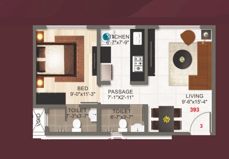 Floor plan of 1 BHK 394 Sq. Ft. Apartment in Adityaraj Gurukripa CHS, Mumbai