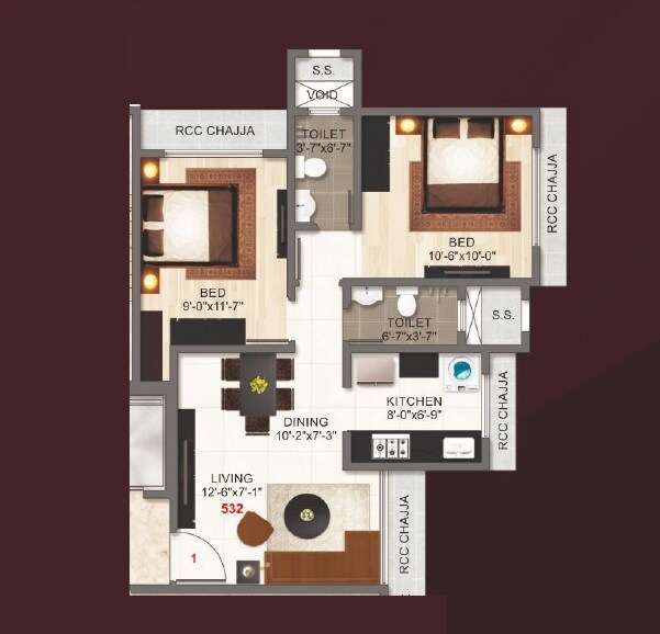 Floor plan of 2 BHK 531 Sq. Ft. Apartment in Adityaraj Gurukripa CHS, Mumbai