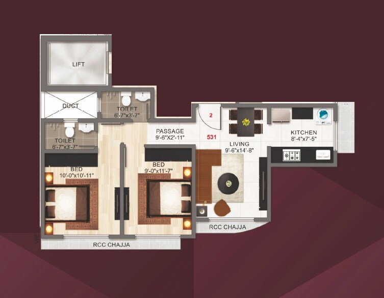 Floor plan of 2 BHK 632 Sq. Ft. Apartment in Adityaraj Gurukripa CHS, Mumbai
