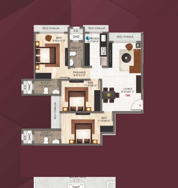 Floor plan of 3 BHK 796 Sq. Ft. Apartment in Adityaraj Gurukripa CHS, Mumbai