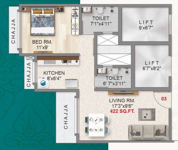 Floor plan of 1 BHK 422 Sq. Ft. Apartment in Adityaraj Majestic, Mumbai